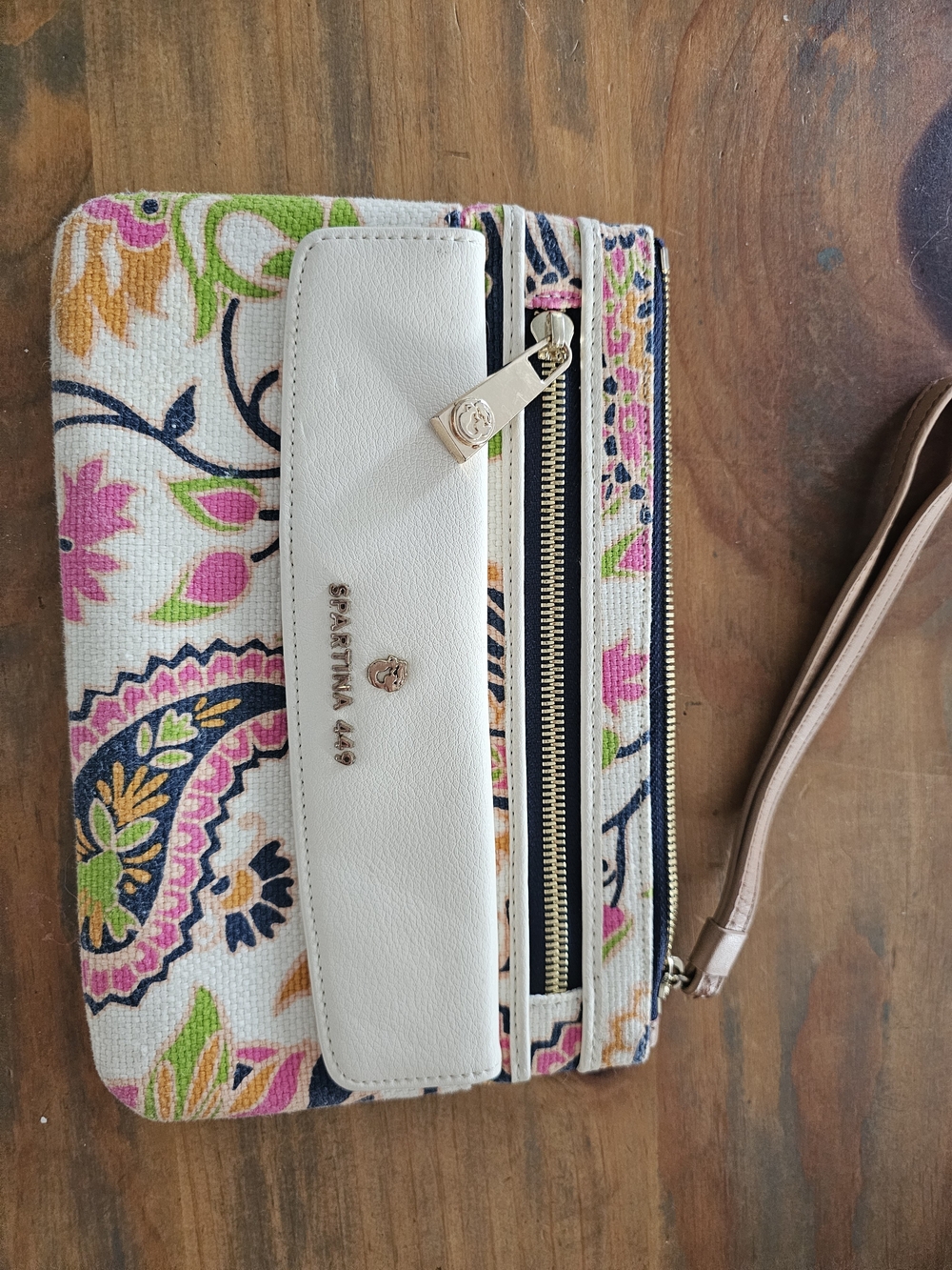 Spartina 449 White Multicolor Floral Wristlet with Tan Strap
